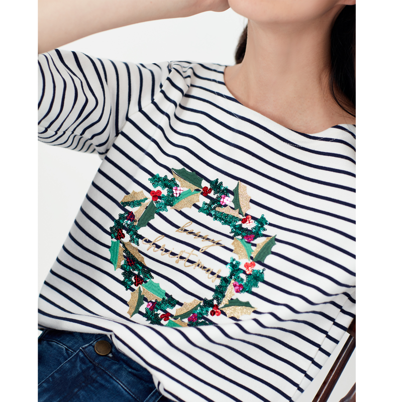 Joules Harbour Luxe Long Sleeve Jersey Top - Christmas Wreath-3