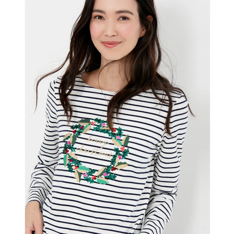 Joules Harbour Luxe Long Sleeve Jersey Top - Christmas Wreath-4