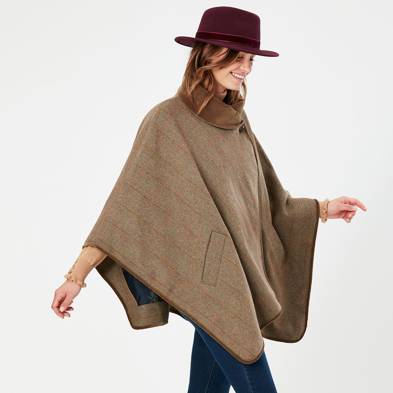Joules Jillian Tweed Cape With Velvet - Green Tweed-5