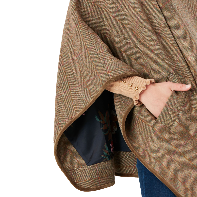 Joules Jillian Tweed Cape With Velvet - Green Tweed-2