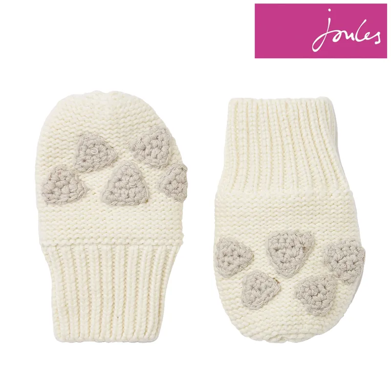 Joules Paws Pawprint Knitted Mittens - Cream