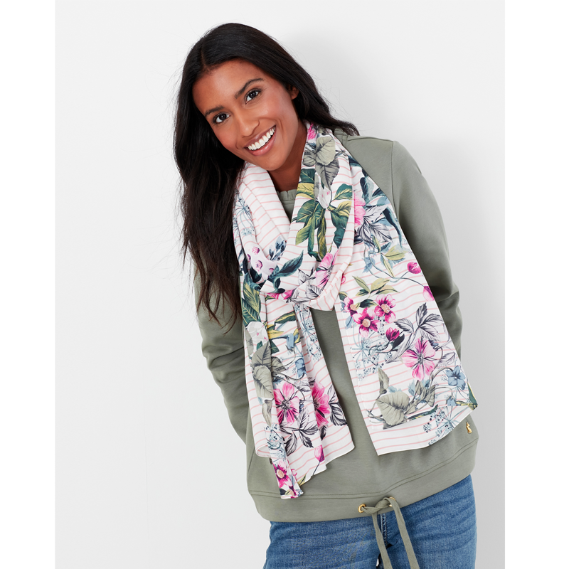 Joules Eco Conway Lightweight Printed Scarf - Cream Pink Floral Stripe-2