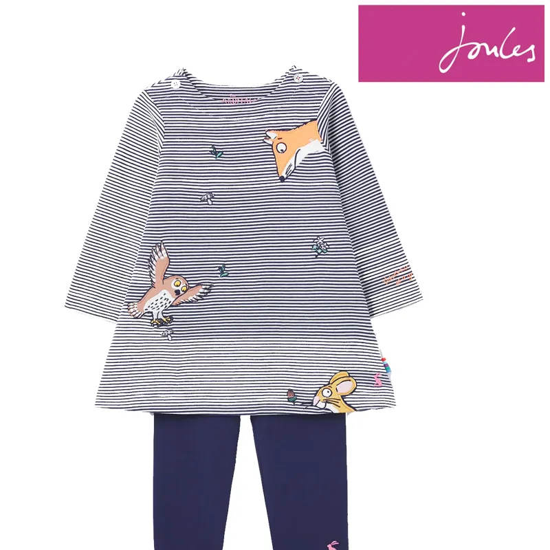 Joules Gruffalo Artwork Christina Organically Grown Cotton Dress And Legging Set - Gruffalo Navy Stripe
