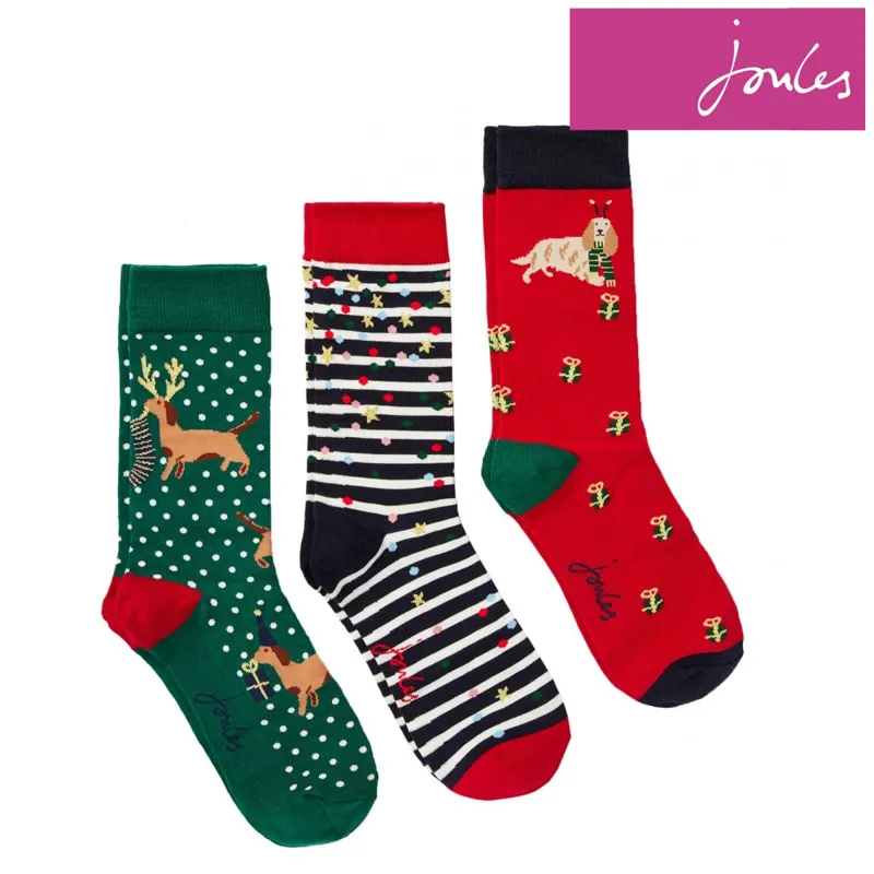 Joules Cracking 3 Pack Ladies Socks Red Multi Xmas Dog