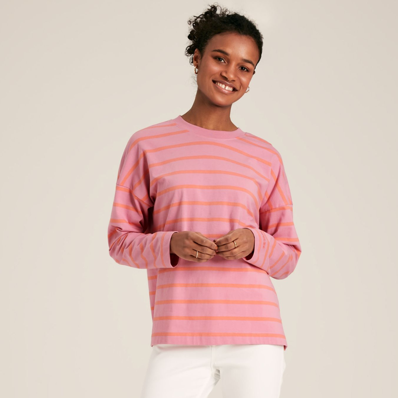 Joules Ellie Ladies Long Sleeve Dropped Shoulder Top - Pink Red Stripe-1
