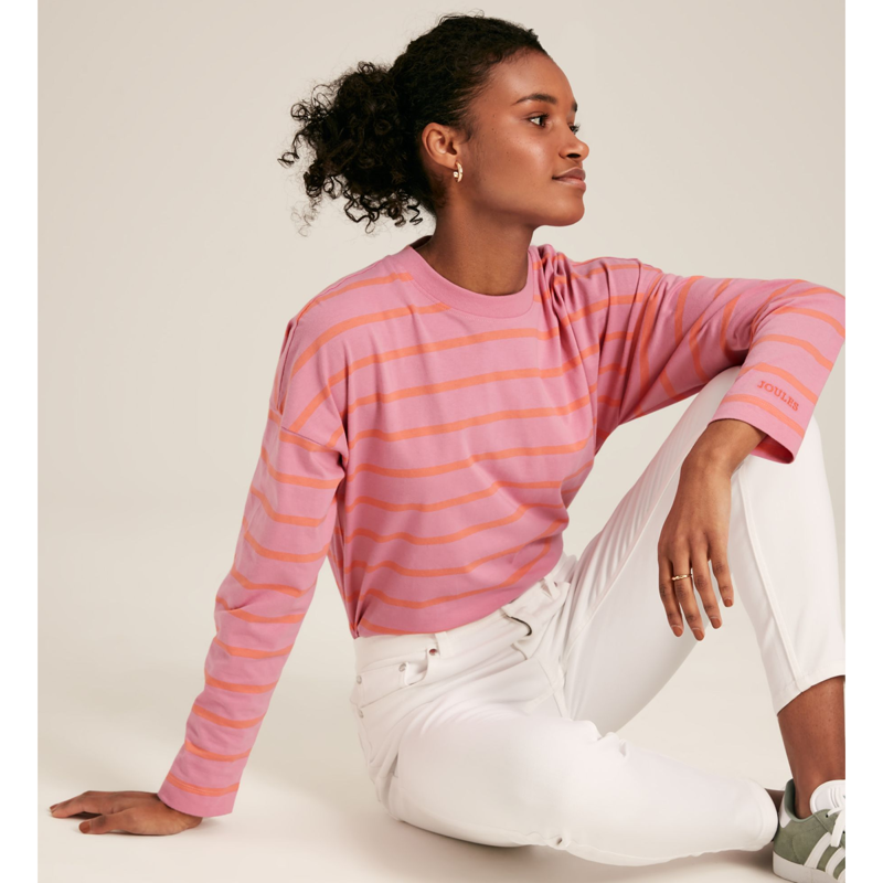 Joules Ellie Ladies Long Sleeve Dropped Shoulder Top - Pink Red Stripe-4
