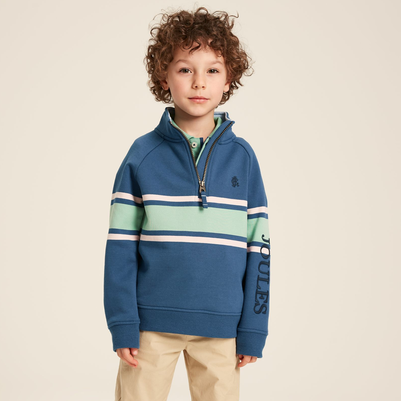 Joules Finn Children's 1/4 Zip Sweatshirt - Navy Green Stripe-2