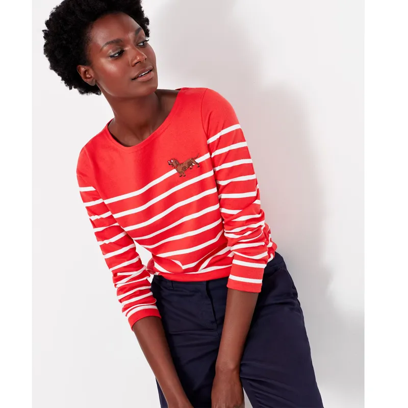 Joules Harbour Embroidered Long Sleeve Jersey Top - Red Dachshund-3