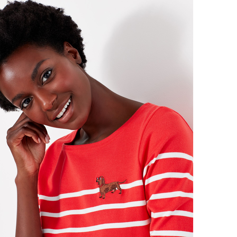 Joules Harbour Embroidered Long Sleeve Jersey Top - Red Dachshund-2