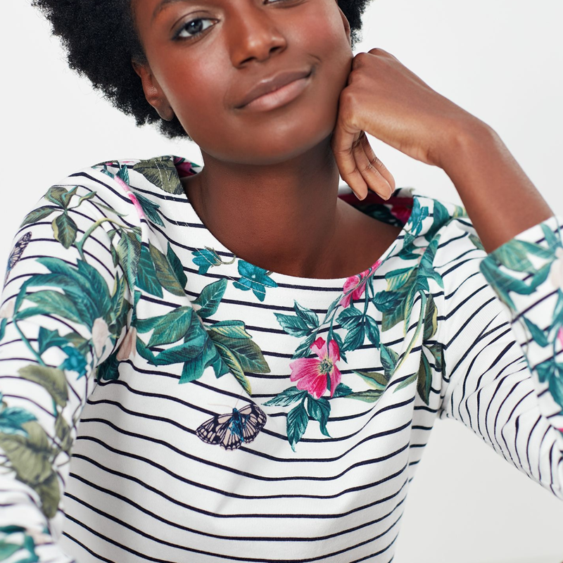 Joules Harbour Print Long Sleeve Jersey Top - Cream Navy Floral Stripe-3