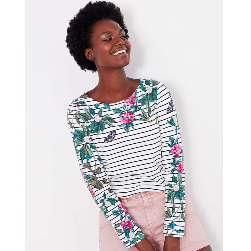 Joules Harbour Print Long Sleeve Jersey Top - Cream Navy Floral Stripe-1