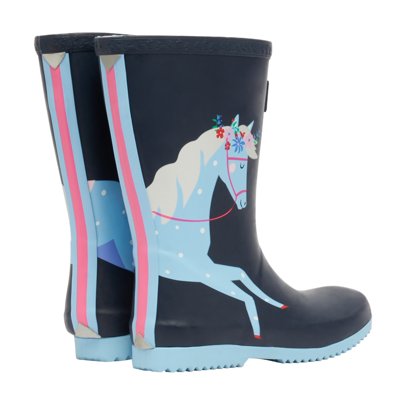 Joules Junior Roll Up Flexible Printed Wellies - Navy Horses-1