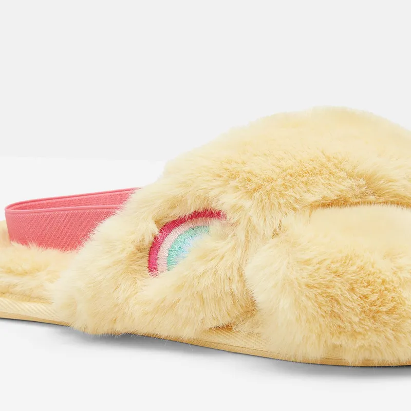 Joules Kora Faux Fur Cross Strap Slippers - Pastel Yellow-3