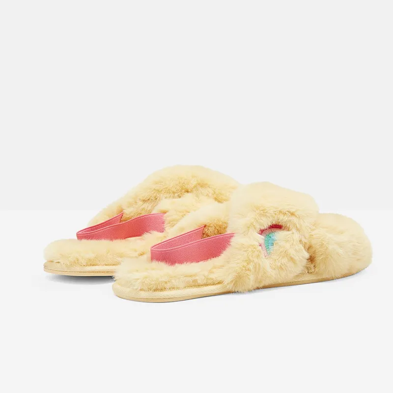 Joules Kora Faux Fur Cross Strap Slippers - Pastel Yellow-1