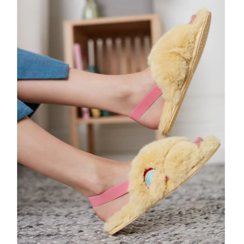 Joules Kora Faux Fur Cross Strap Slippers - Pastel Yellow-4