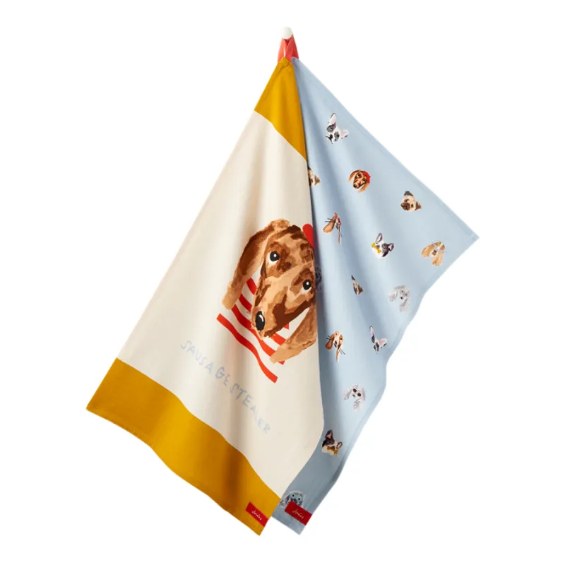 Joules Cotton Tea Towels 2 Pack Gold Dogs Multi