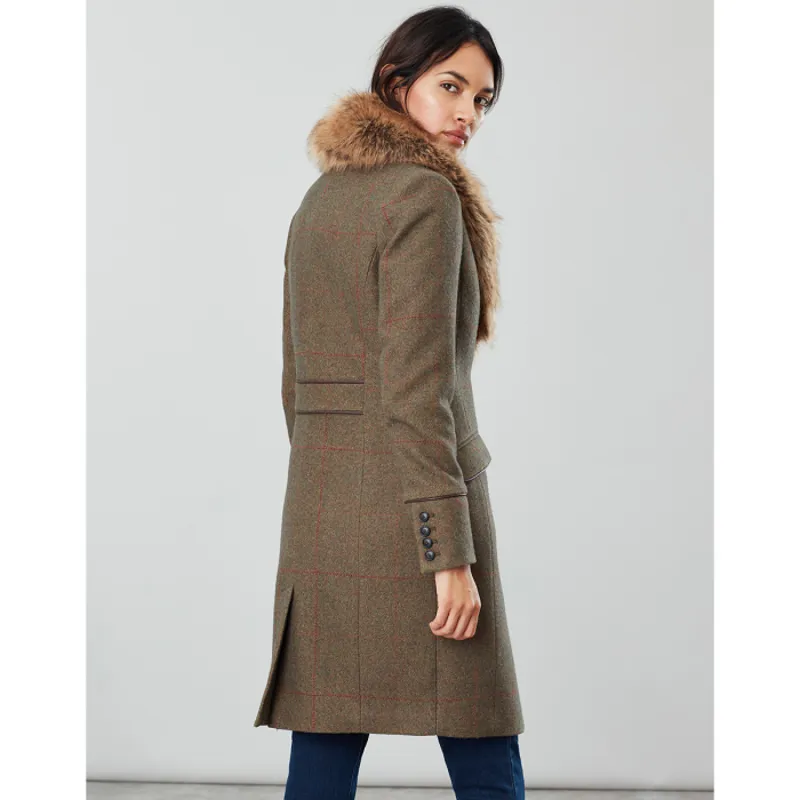 Joules Langley Coat with Faux Fur Trim - Green Tweed-1