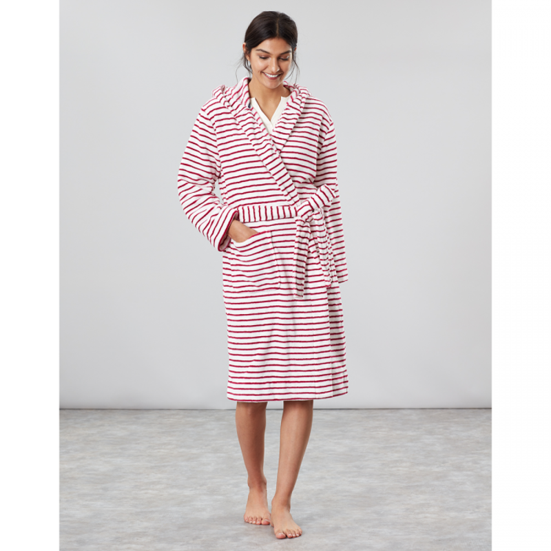 Joules Rita Fluffy Dressing Gown - Cream Red Stripe-1