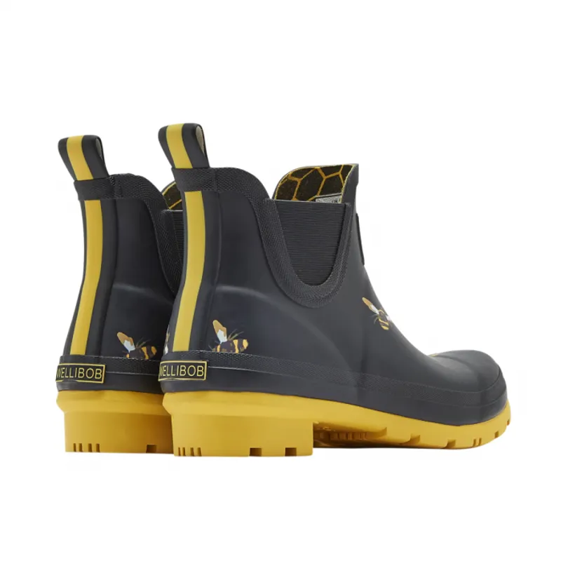 Joules Wellibob Short Printed Wellies - Black Metallic Bees-1
