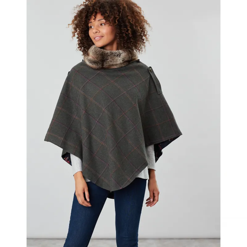 Joules Hazlewood Tweed Poncho - Dark Green Grid Tweed