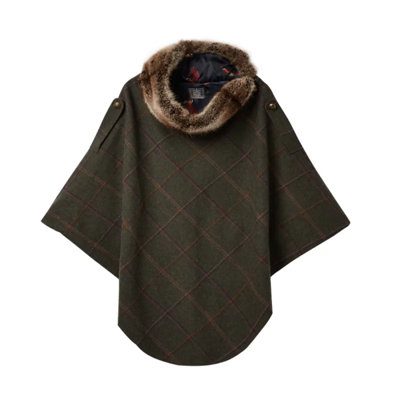Joules Hazlewood Tweed Poncho - Dark Green Grid Tweed-1