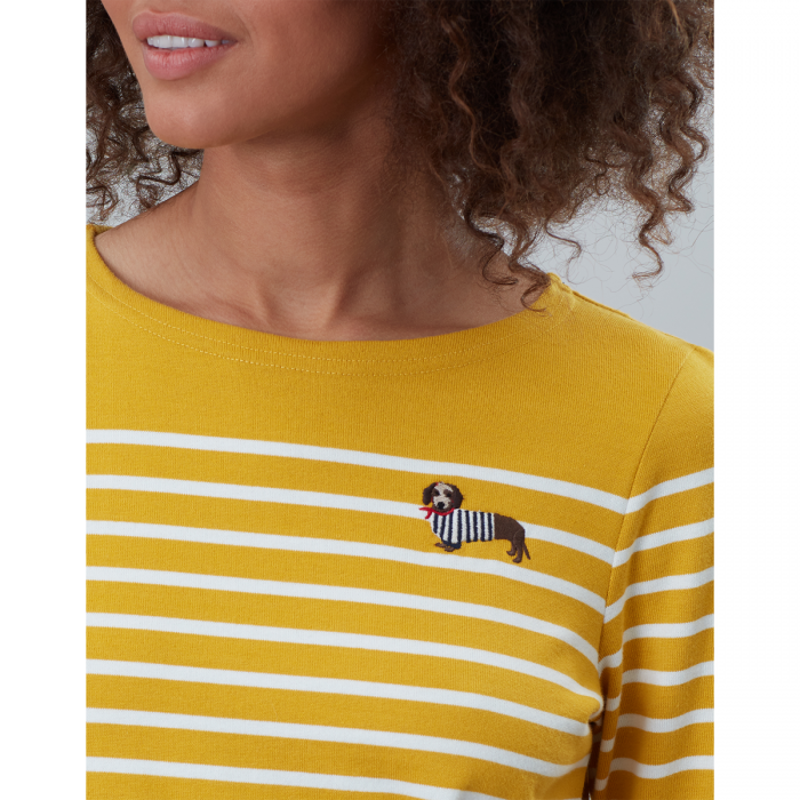 Joules Harbour Embroidered Jersey Top - Gold Stripe Dog-2
