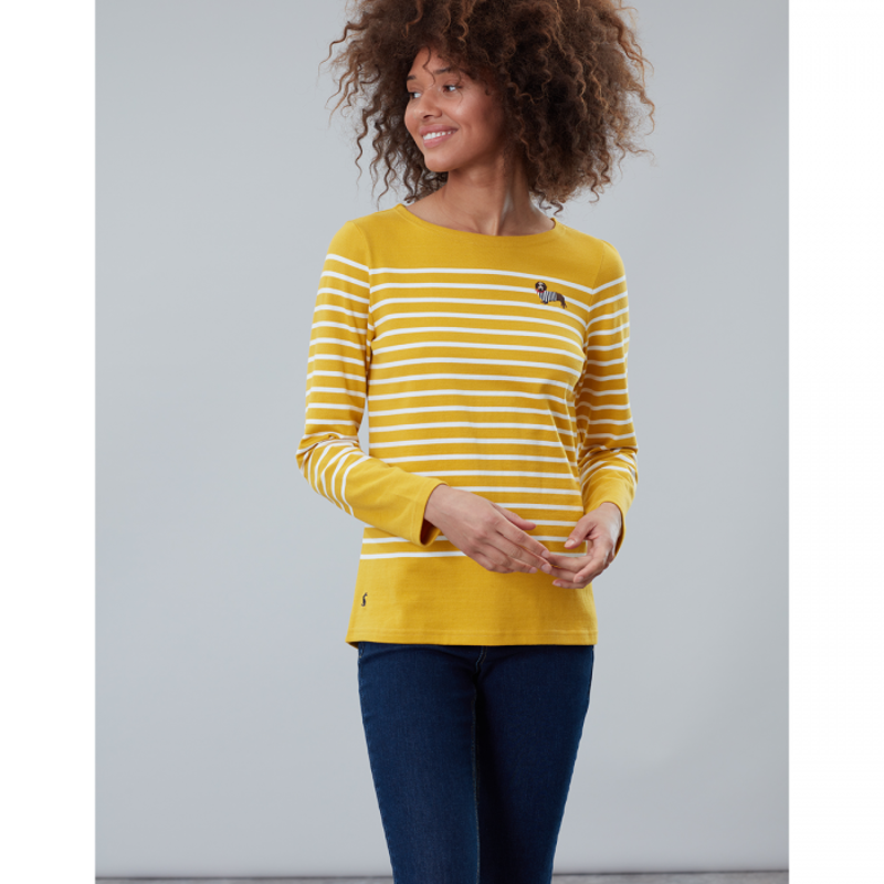 Joules Harbour Embroidered Jersey Top - Gold Stripe Dog-1