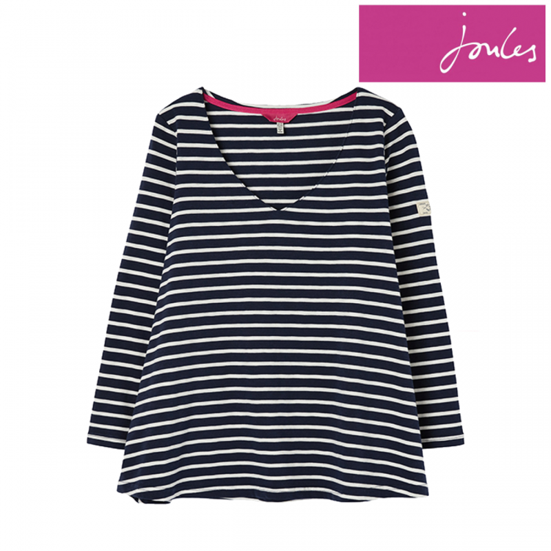 Joules Harbour Light V Neck Jersey Top - Navy Cream Stripe-2