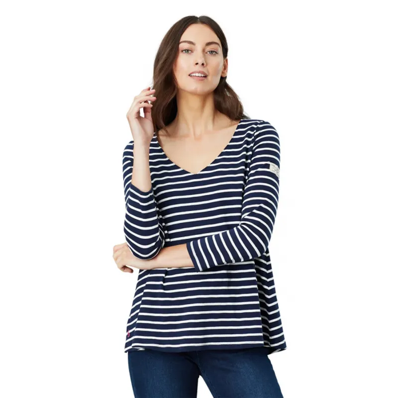 Joules Harbour Light V Neck Jersey Top - Navy Cream Stripe