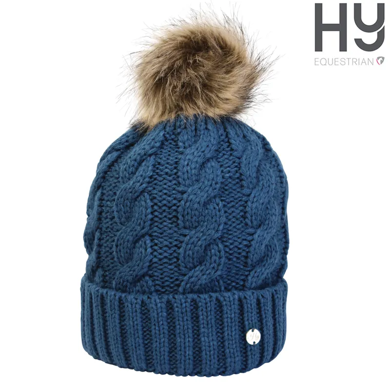 Hy Equestrian Melrose Cable Knit Bobble Hat - Blue Petrol