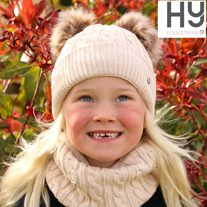 Hy Equestrian Morzine Children's Bobble Hat - Beige -1