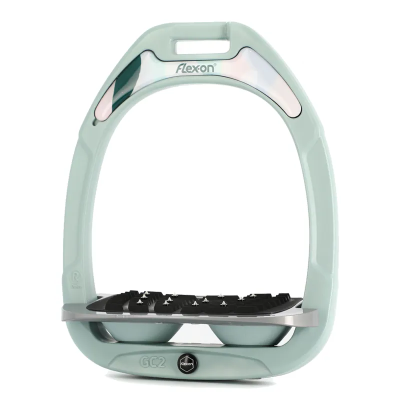 Flex-On Green Composite Stirrup - Incline Ultra Grip - Pastel Green/Grey/Green and Patterned Magnet