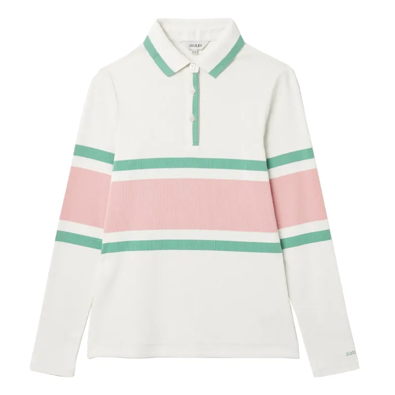 Joules Fairfield Ladies Long Sleeve Ribbed Polo - Pink Cream Stripe