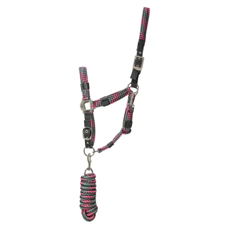 Hy Equestrian Multicolour Adjustable Headcollar and Leadrope - Dark Grey/Grey/Pink