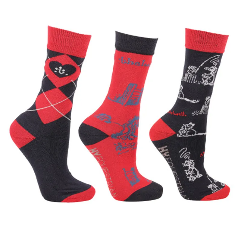 Hy Equestrian Children's Thelwell Collection Practice Makes Perfect Pack of 3 Socks - Red/Navy