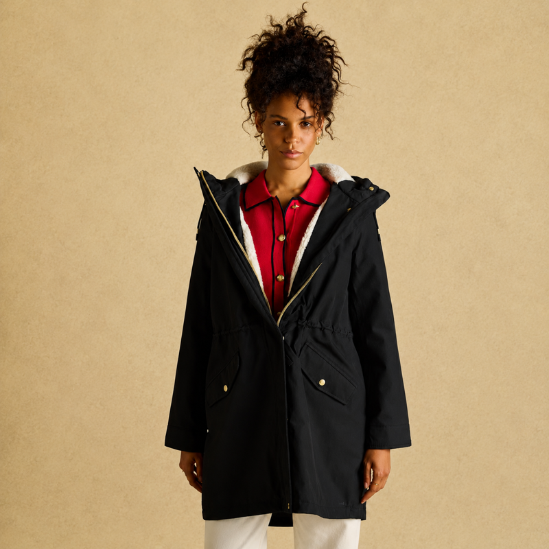 Joules Ladies Portwell Cosy Fleece Lined Raincoat - Black