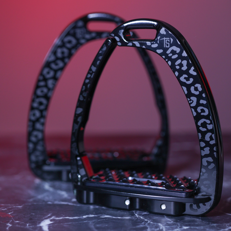 Tech Stirrups Children's Venice Sloped Evo Swarovski Safety Stirrups Untamed Collection Leopard Stirrups - Black/Crystal-3