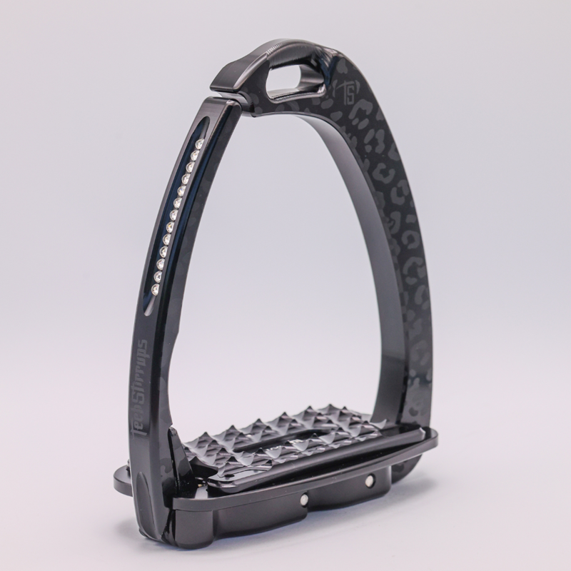 Tech Stirrups Children's Venice Sloped Evo Swarovski Safety Stirrups Untamed Collection Leopard Stirrups - Titanium/Night-6