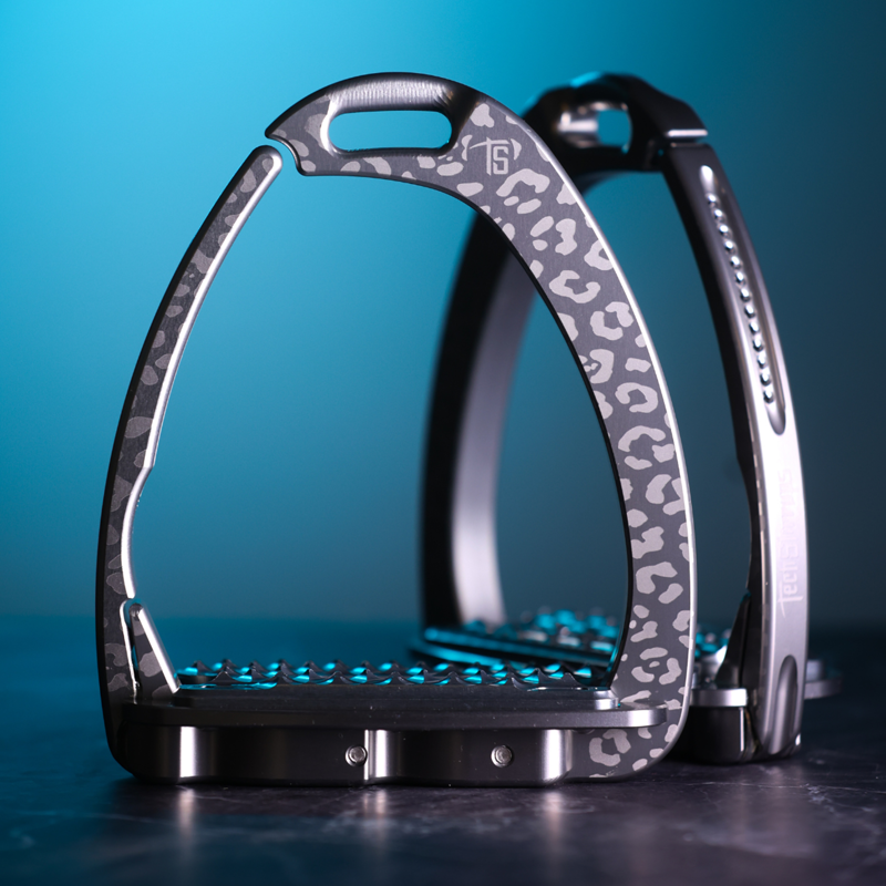 Tech Stirrups Children's Venice Sloped Evo Swarovski Safety Stirrups Untamed Collection Leopard Stirrups - Titanium/Night