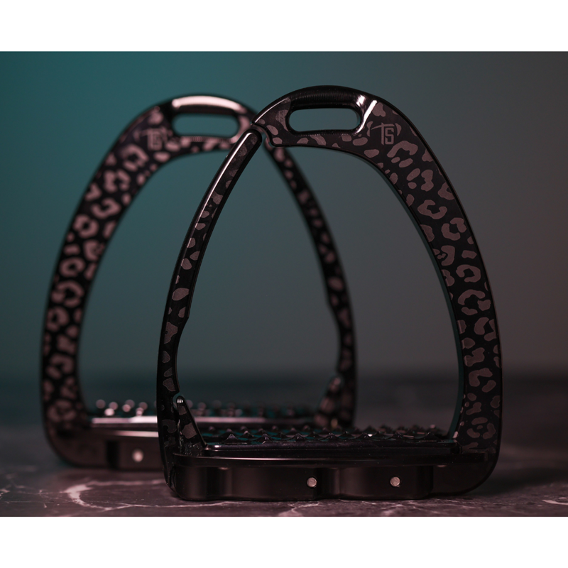 Tech Stirrups Children's' Venice Sloped Evo Safety Stirrups Untamed Collection Leopard Stirrups - Black-3