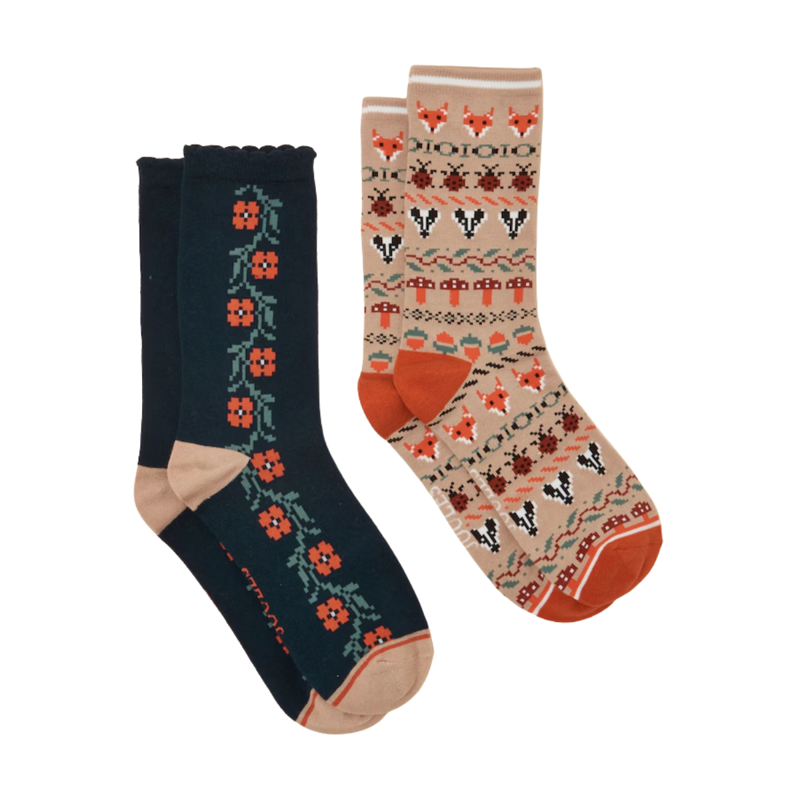 Joules Ladies Everyday 2 Pack Socks - Oat Woodland