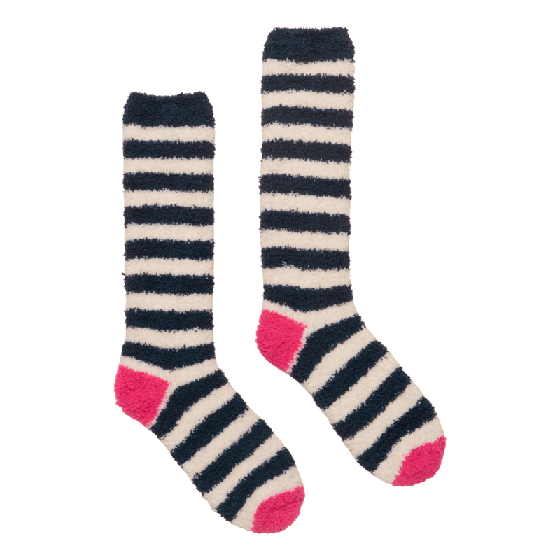 Joules Ladies Fluffy Socks - Navy Cream Stripe