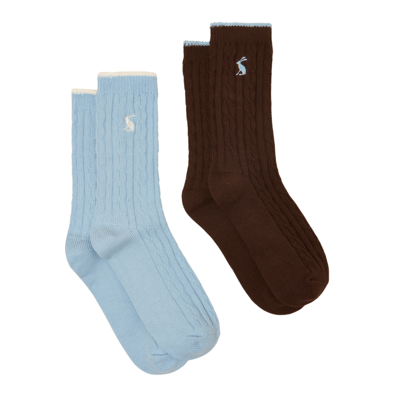 Joules Ladies Cable 2 Pack Socks - Chocolate/Blue