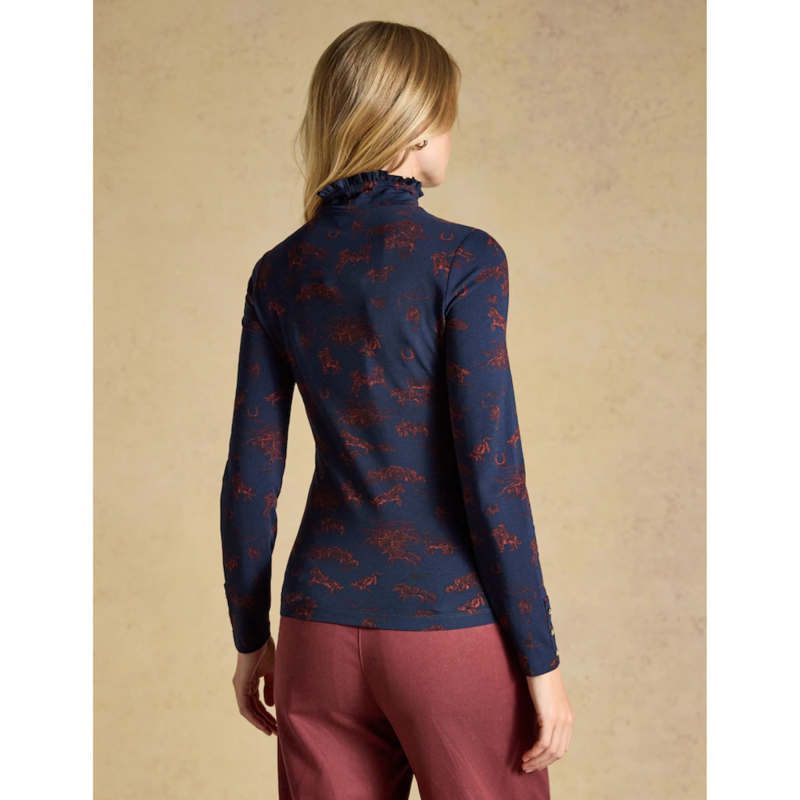 Joules Ladies Printed Amy High Frill Neck Jersey Top - Navy Western-1