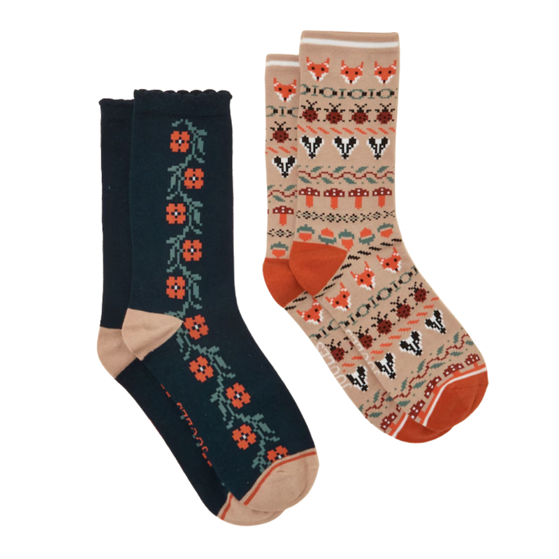 Joules Ladies Everyday 2 Pack Socks - Tan Fairisle