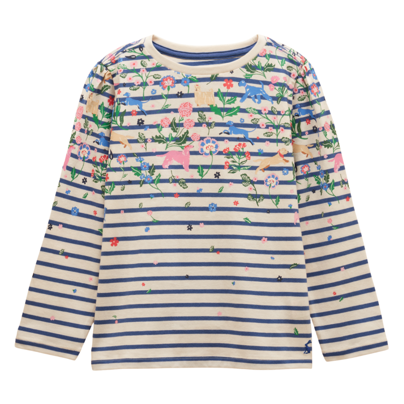Joules Girls' Ava Long Sleeve Printed Top - Cream/Blue