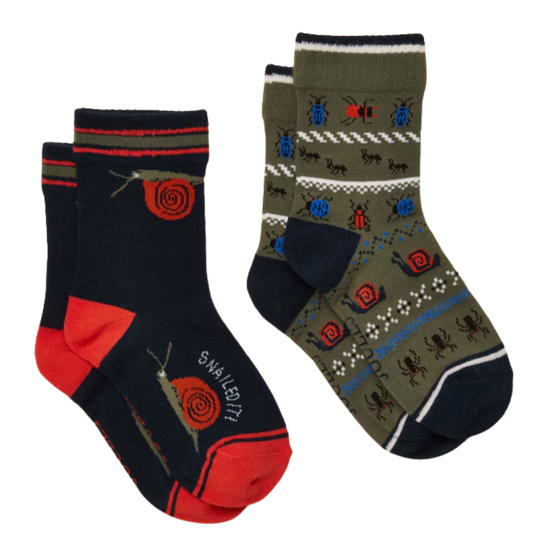 Joules Kids' Eat Feet 2 Pack Socks - Khaki Green
