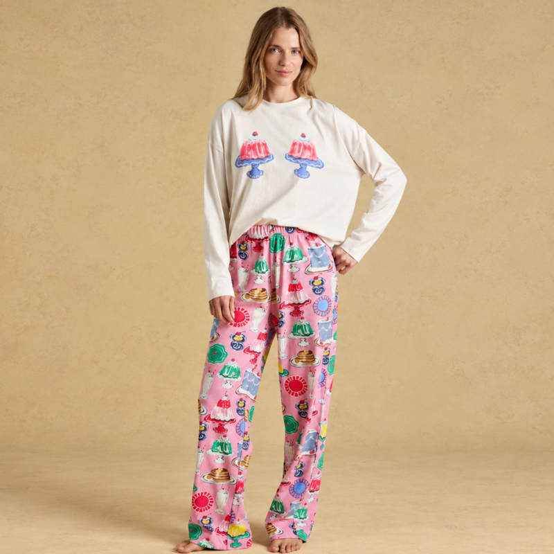 Joules Ladies Lyla Pyjamas - Cream/Pink Puddings Print