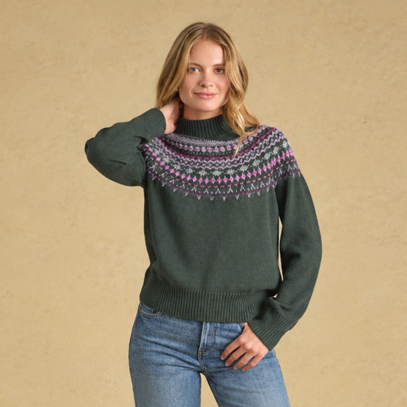 Joules Ladies Green Fair Isle High Neck Jumper - Green