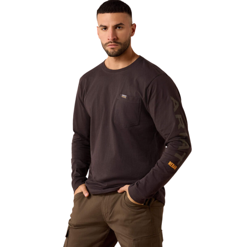 Ariat Men's Rebar Cotton Strong Standard Logo Pocket Long Sleeve T-Shirt - Licorice/Canteen